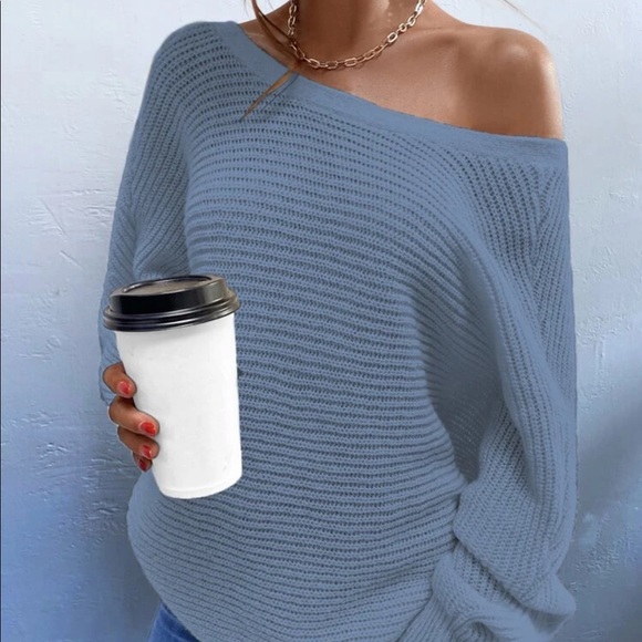 Dusty blue knit open tie back sweater top - Picture 5 of 6